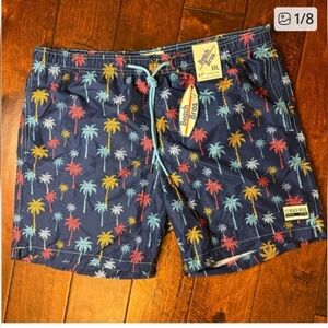BEACH BROS Mens Palm Tree Swim Shorts Navy Blue Multi Tropical 6.5" In XL